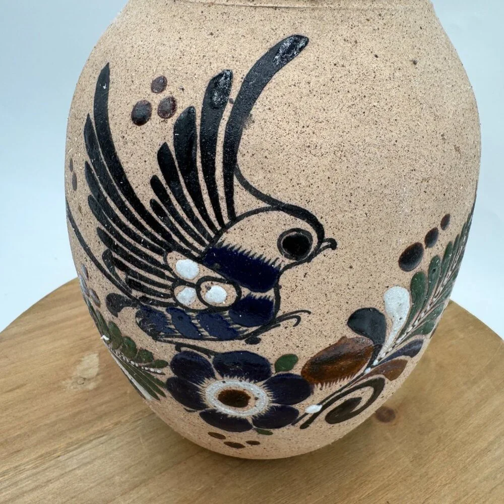 Vintage Tonala Bird Flower Vase Pottery Hand Painted Signed neutral color palett